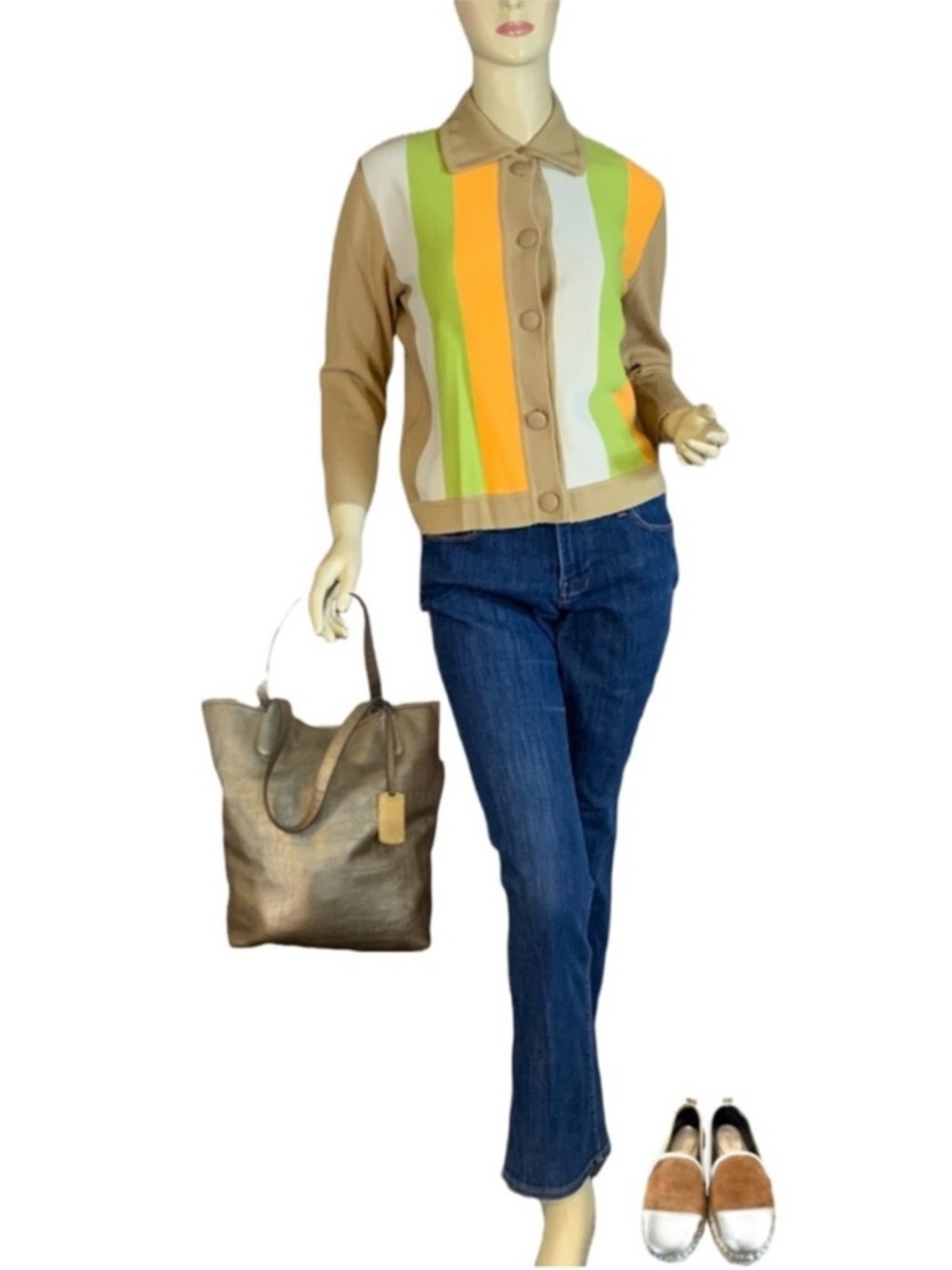 MARCO POLO IMPORTS VINTAGE 1960'S TAN, GREEN AND ORANGE WOOL CARDIGAN (10)